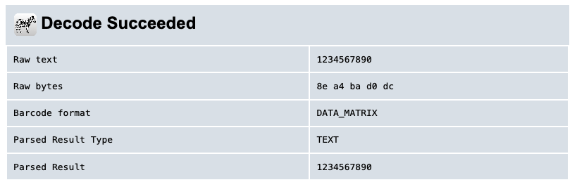 Data Matrix Decoder result