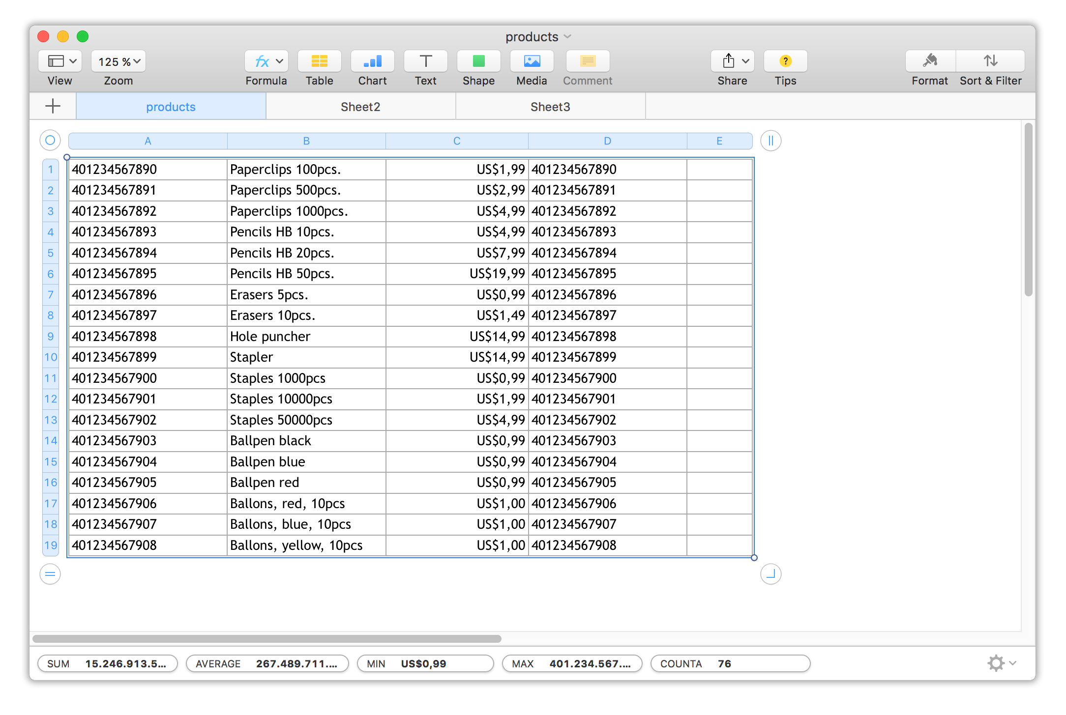 Screenshot Excel EAN Podukttabelle