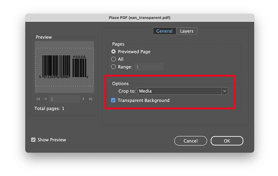 Place and crop transparent PDF with barcode in InDesign