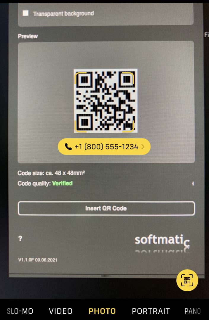 Screenshot: Read QR Code with Phone Number with iPhone