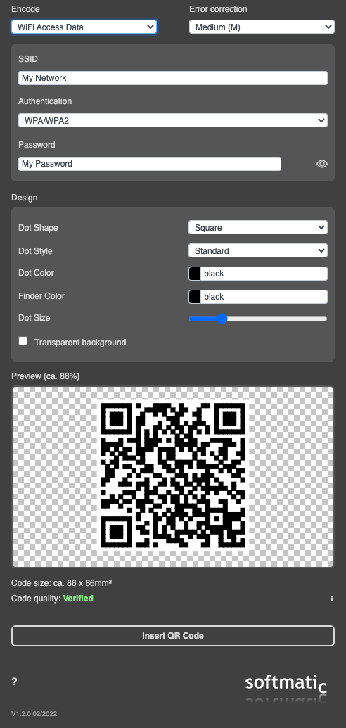 Screenshot: Create QR Code with Wifi Access Data SSID and Password