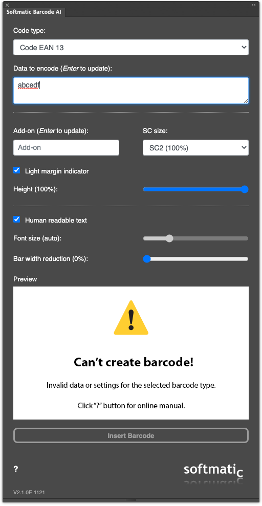InDesign invalid data for barcode EAN